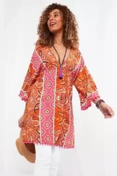 Pom Pom Trim Kimono Sleeve Tiered Hem Kaftan Tunic Dress