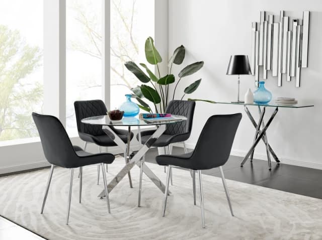FurnitureboxUK Novara Clear Tempered Glass 100cm Round Dining Table with Chrome Starburst Legs & 4 Pesaro Velvet Silver Leg Chairs in Black Unis