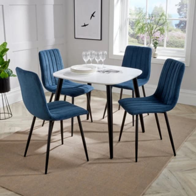Core Products Aspen White 80Cm Square Dining Table With 4 Blue Cord Fabric Diamond Stitch Design Chairs