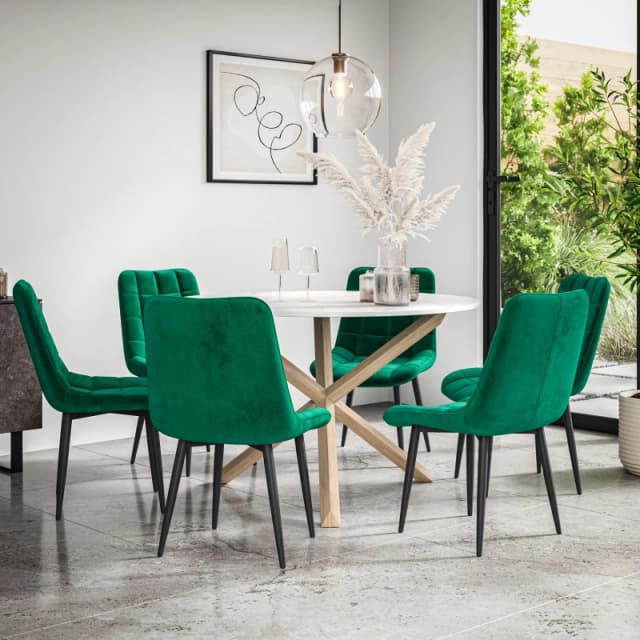 More4Homes Malvern Round Dining Table And Chairs - Marble Table Top W Solid Oak Legs + Nova Velvet Dining Chair Set Of 6 (Green)