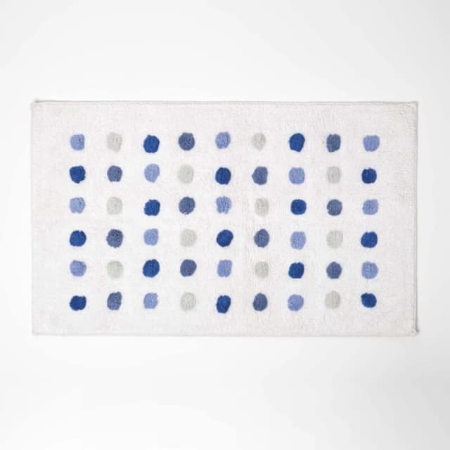 Homescapes 100% Cotton Bath Mat Tufted Polka Dot Design Blue