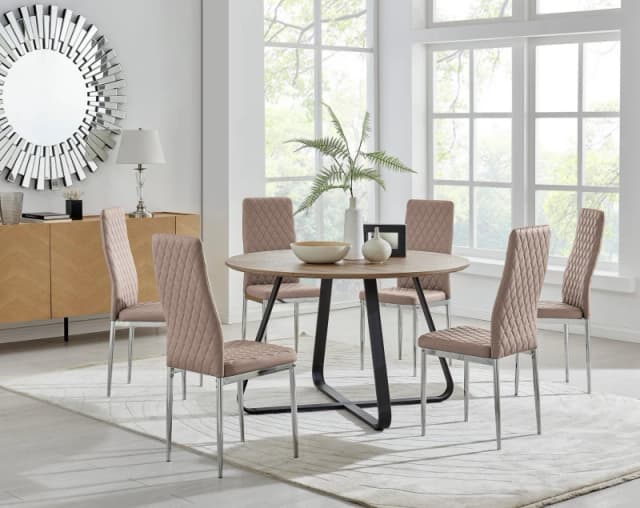 FurnitureboxUK FurnitureboxUK Santorini Brown Wood Effect Dining Table & 6 Milan Chrome Leg Chairs in Beige Beige One Size Unisex 5056657123994