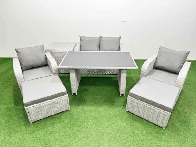 Fimous Outdoor Rattan Garden Furniture Dining Set 6-Seater Reclining Chair Set With Side Table 2 Big Stools