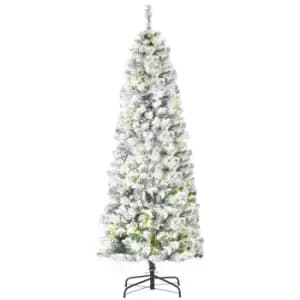 HOMCOM 6 Feet Prelit Artificial Snow Flocked Christmas Tree with Warm White LED Light, Holiday Home Xmas Decoration, Green White