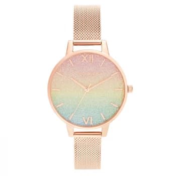 Olivia Burton Womens Rainbow Rainbow Glitter Dial Watch - Rose Gold Mesh