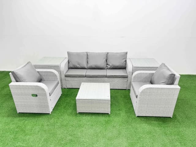 Fimous PE Rattan Garden Furniture Set Reclining Chair Sofa Lounge Sofa Set Square Coffee Table 2 Side Table Light Grey Light Grey