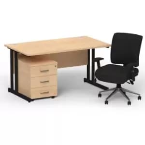 Impulse 1400 x 800 Black Cant Office Desk Maple + 3 Dr Mobile Ped & Chiro Med Back Black W/Arms