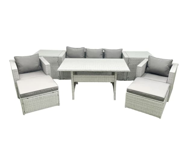 Fimous Garden Dining Set Outdoor Rattan Furniture Set with Sofa Dining Table 2 Chairs 2 Big Footstools 2 Side Tables Light Grey Mixed Light Grey