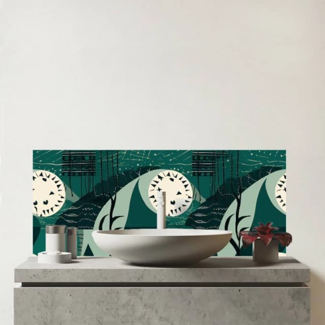 Warren Reed - Designer Abstact Green Cream Moon & Stars Glass Bathroom Splashback Green Unisex