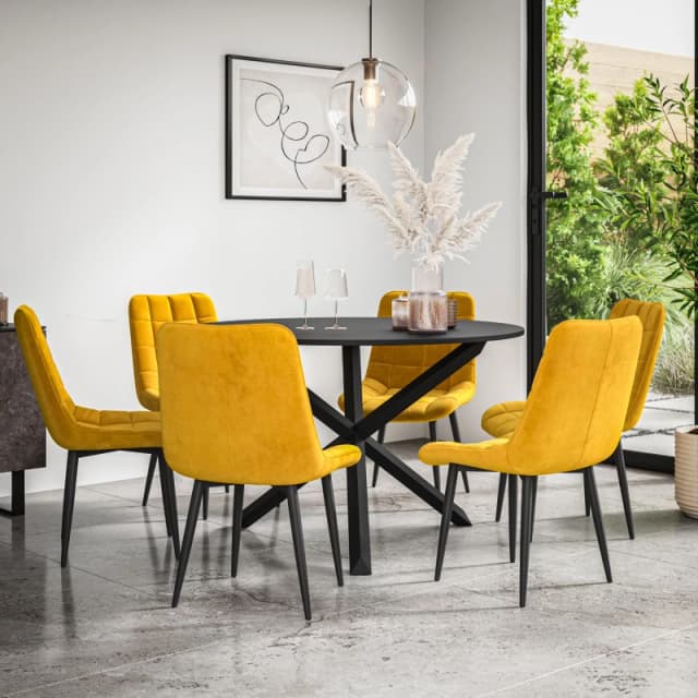 More4Homes Malvern Round Dining Table And Chairs - Black Table Top W Solid Black Oak Legs + Nova Velvet Dining Chair Set Of 6 (Mustard)