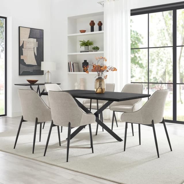 FurnitureboxUK FurnitureboxUK Leonardo Black Top Dining Table & 6 Beaumont Fabric Chairs in Cream Cream One Size Unisex 5056784313282