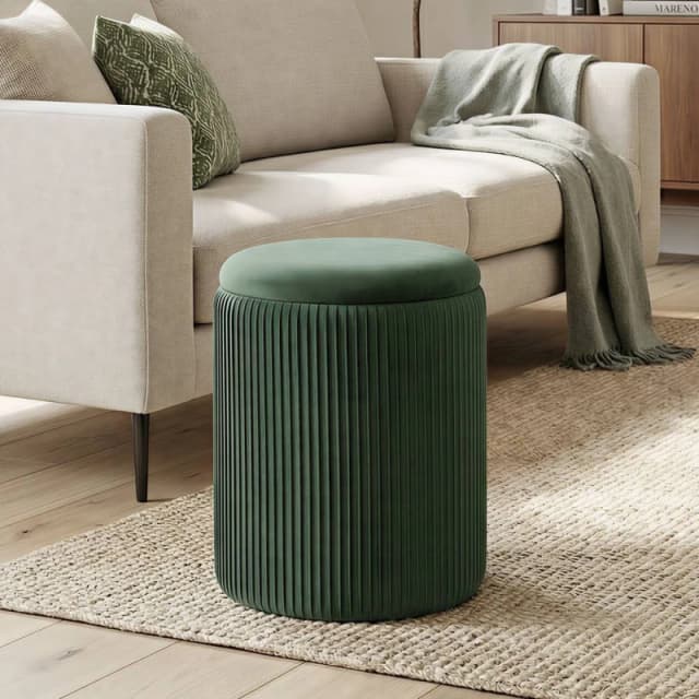 HOMCOM Round Storage Ottoman with Removable Top in Dark Green Dark Green Unisex