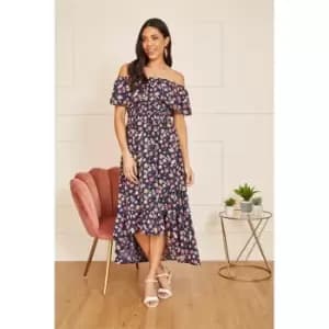 Mela London Navy Bardot Floral High Low Maxi Dress - Blue