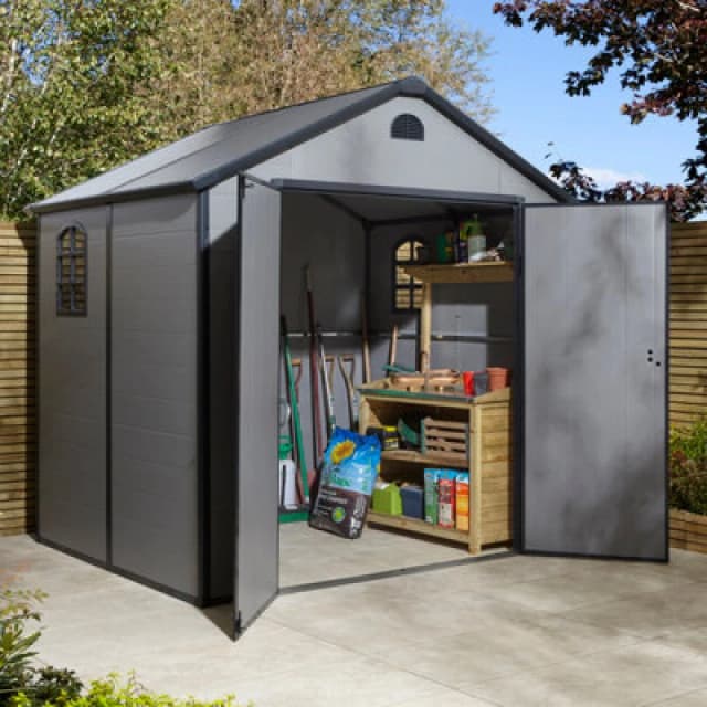 Rowlinson Airevale 8X6 Plastic Apex Shed Light Grey With Foundation Kit, Grey AI86APXLGFKI