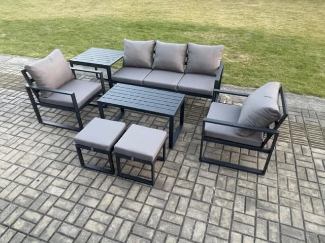 Fimous Aluminium Patio Outdoor Furniture Set 7 Seater Garden Sofa with Oblong Coffee Table 2 Small Footstools 2 Armchairs Side Table Dark Grey Dark Gr