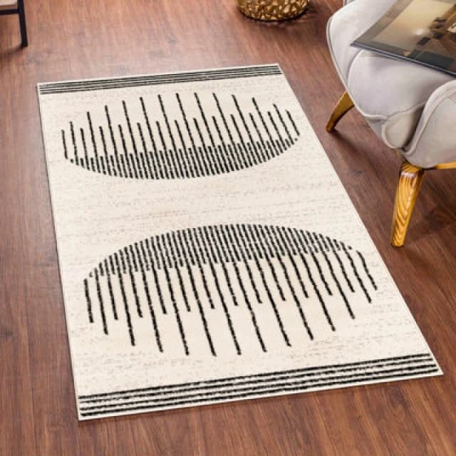 Livabliss Scandi Geometric White/black Enso Area Rug 80 X 150 Cm - Easy Care, Non Shedding, Ideal For Living Room & Bedroom
