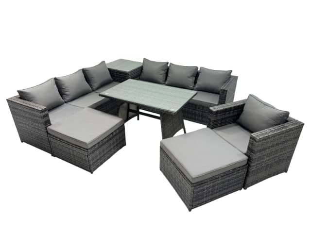 Fimous Outdoor Corner Sofa Chair Dining Table Set Garden Rattan Furniture Set 9 Seater With Side Table 2 Big Stool Dark Grey