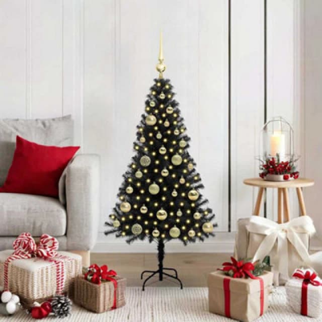 vidaXL Christmas Tree with 150 LEDs, Gold Balls with Stand Black 120cm PVC, Black 3396460