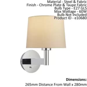 Wall Light & Shade Chrome Plate & Taupe Fabric 60W E27 Living Room e10680
