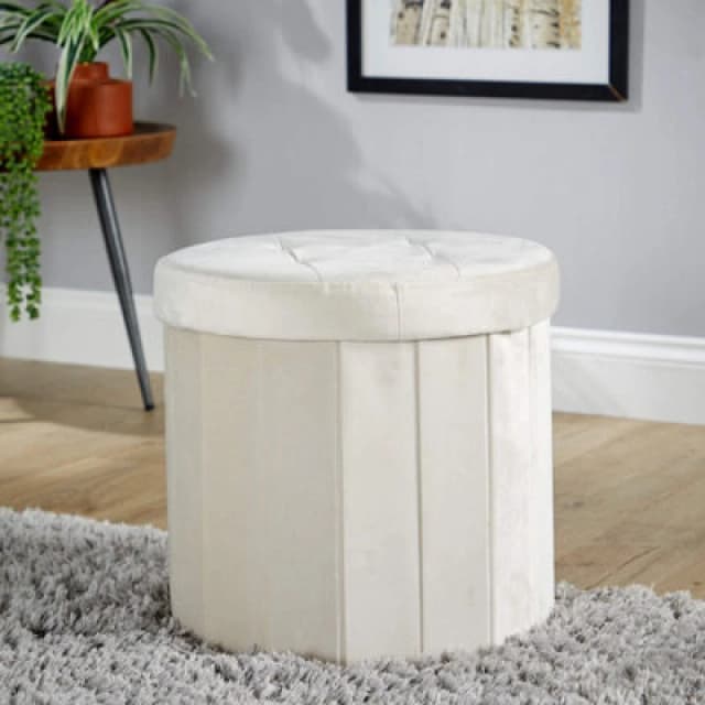 Home Source Grantham Velvet Round Beige Round Storage Ottoman Pouffe