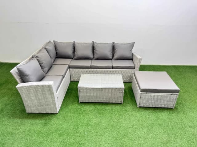 Fimous 7 Seater Garden Outdoor Rattan Furniture Set with Oblong Coffee Table in Light Grey Light Grey Unisex