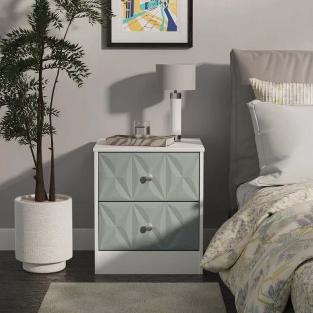 Genoa Ready Assembled Matt Duck Egg Blue & White 2 Drawer Bedside Chest (H)521mm (W)450mm (D)395mm
