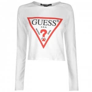 Guess Cropped Logo Long Sleeve T Shirt - White