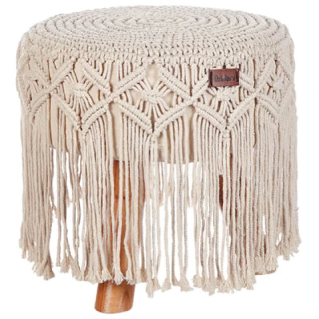 Beliani Cotton Macrame Footstool Beige Nawabad