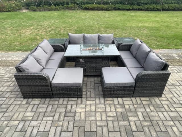 Fimous Outdoor Rattan Furniture Garden Dining Set Gas Fire Pit Table With 2 Side Tables Lounge Sofa 2 Big Footstool Dark Grey