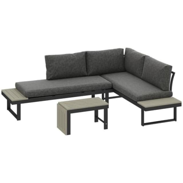 Outsunny 4 Seater L Shaped Aluminium Garden Furniture Set with Coffee Table Dark Grey