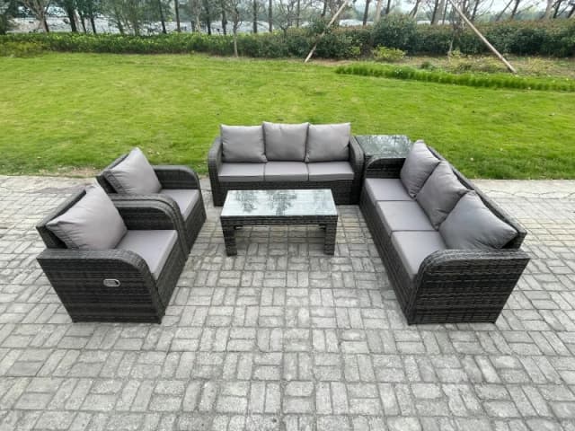 Fimous Wicker PE Rattan Sofa Set Outdoor Patio Garden Furniture with Reclining Chair Coffee Table Side Table Dark Grey Mixed Dark Grey