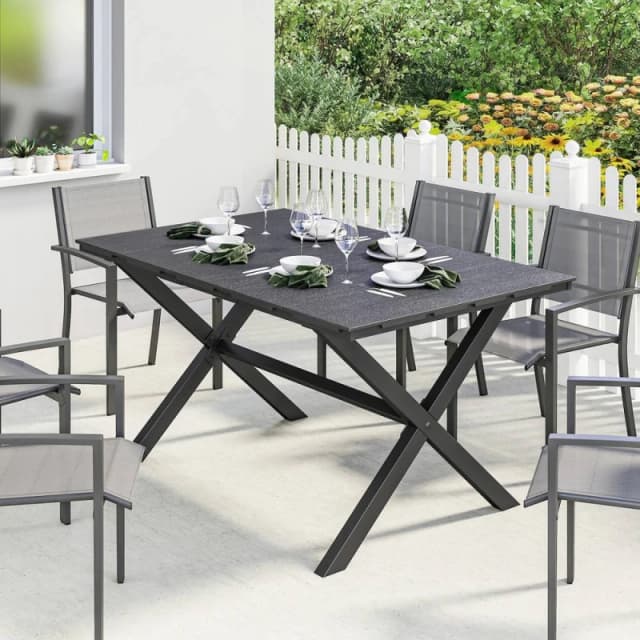 OUTSUNNY Garden Dining Table, Outdoor Table for 6, Wood Effect Top, Black Size: 150cm x 90cm Black Unisex 150cm x 90 cm