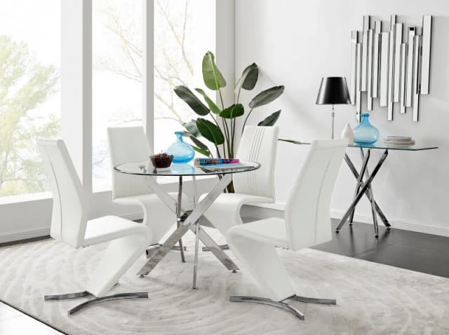 FurnitureboxUK FurnitureboxUK Novara Round 100cm Chrome Metal And Glass Dining Table And 4 Willow Dining Chairs Set in White White One Size Unisex 505