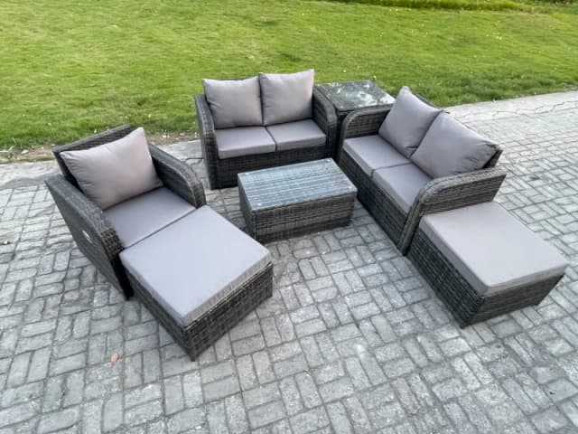Fimous 7 Seater High Back Rattan Garden Furniture Set with Loveseat Sofa Coffee Table 2 Big Footstool Side Table Indoor Outdoor Patio Lounge Sofa Set