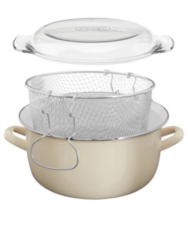 Premier Housewares Interiors By Premier Sturdy Cream Enamel Deep Fryer, Steel Fryer For Chips, Multipurpose Fish Fryer With Wire Basket & Glass Lid