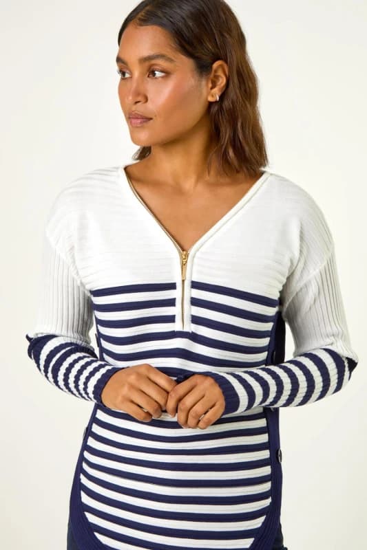Roman Stripe Zip Front Ribbed Knit Jumper Ivory