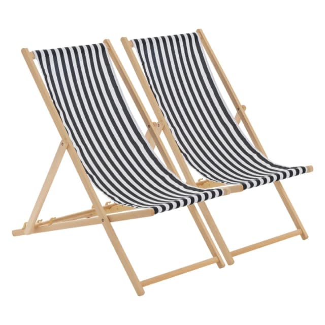 Harbour Housewares Folding Wooden Deck Chairs Black Stripe Pack of 2 Black