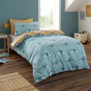 Cool Cars Print 100% Cotton Reversible Duvet Cover Set, Duck Egg, Single - Bedlam