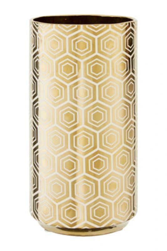 Orsina Gold Ceramic Vase With Hexagonal Pattern, Vintage Luxe Cylindrical Stoneware Vase, Geomeric Vase