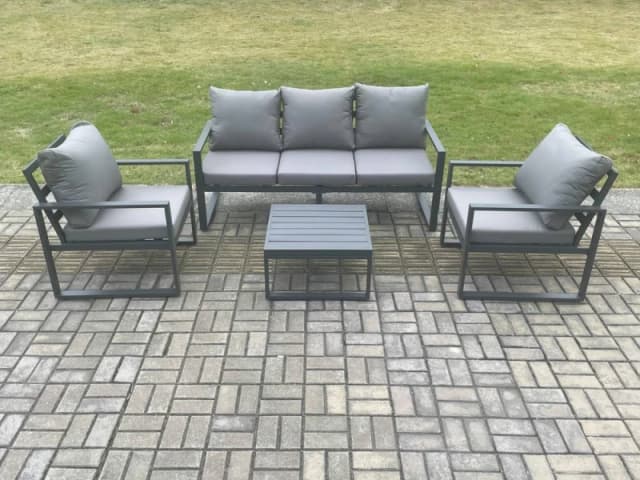 Fimous Aluminium Outdoor Garden Furniture Set Lounge Sofa 2 PC Chairs Square Coffee Table Sets Dark Grey Dark Grey Unisex