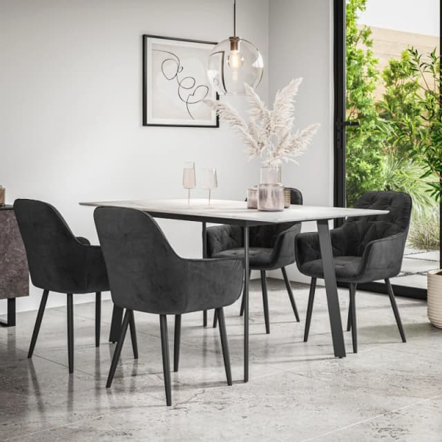 More4Homes Haydon Extending Dining Table + Chairs- White Marble Effect Table Top W Black Legs + Anika Velvet Dining Chair Set Of 4 (Black)