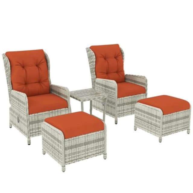 Outsunny Recliner Rattan Garden Furniture w/ Two-tier Glass Top Table & Cushions, Orange Orange