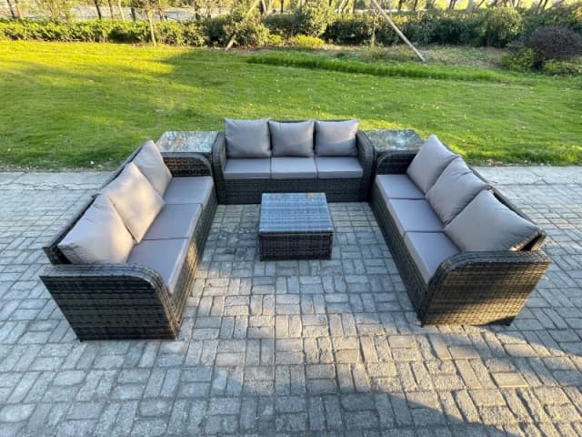 Fimous Rattan Outdoor Furniture Set Patio Garden Sofa Set with 2 Side Table Square Coffee Table Dark Grey Mixed Dark Grey