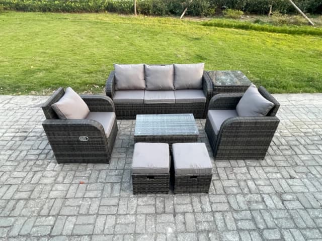 Fimous Outdoor Rattan Garden Furniture Set Patio Lounge Sofa Set with Reclining Chair Side Table 2 Small Footstools Dark Grey