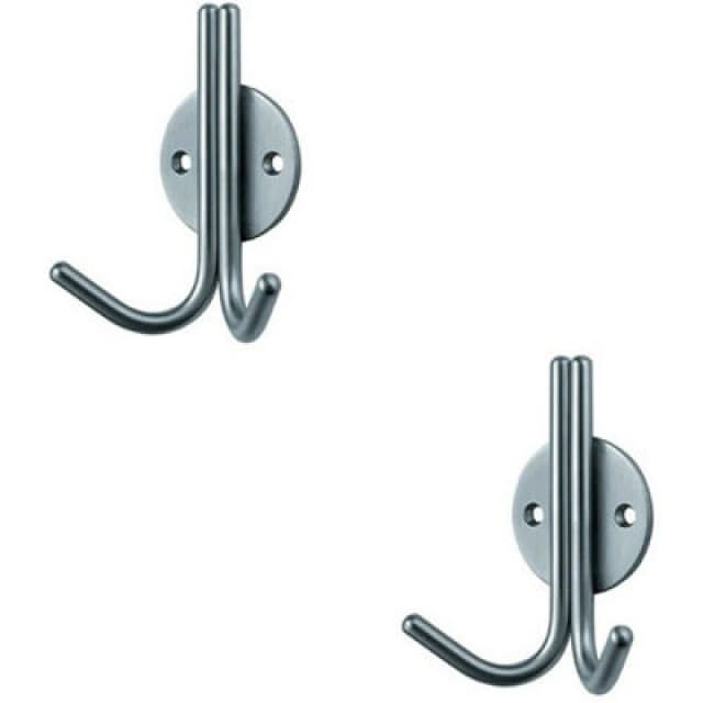 Loops 2x Slimline Double Coat Hook on Round Rose 35mm Projection Satin Stainless Steel Metallics