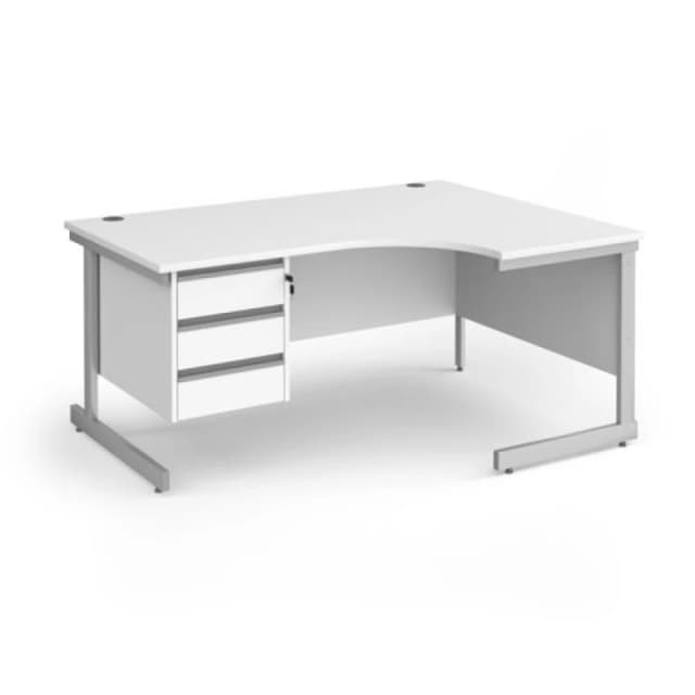 Contract 25 Right Hand Silver Frame Ergonomic Office Desk with 3 Drawer Pedestal - 1600mm - White