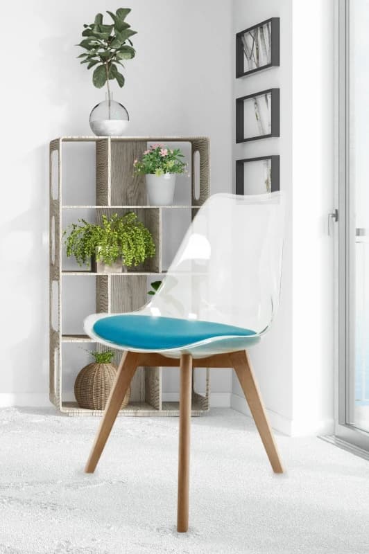 Fusion Living Soho Clear Plastic Dining Chair with Squared Light Wood Legs in Teal Teal Unisex