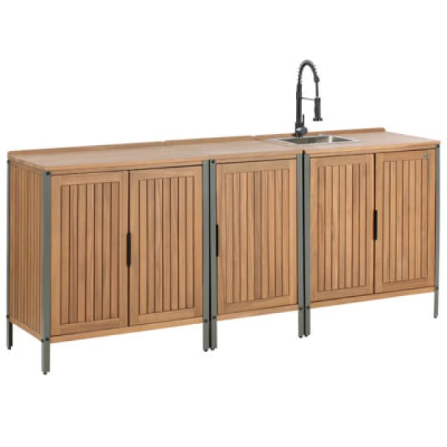 Beliani 3 Piece Outdoor Kitchen Set With Sink Ivrea Certified Acacia Wood Brown/ Black