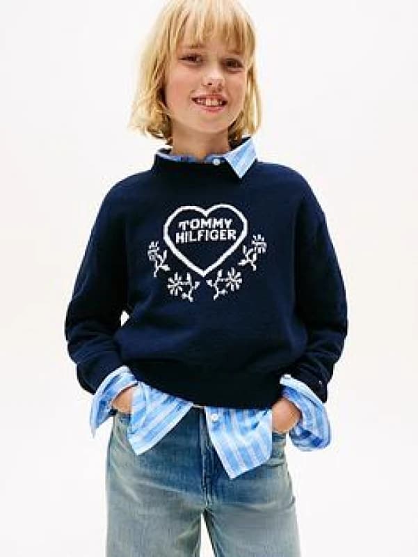 Tommy Hilfiger Heart Print Jumper Navy Blue Baby 10Y (138CM);12Y (150CM);14Y (156CM);16Y (162CM)