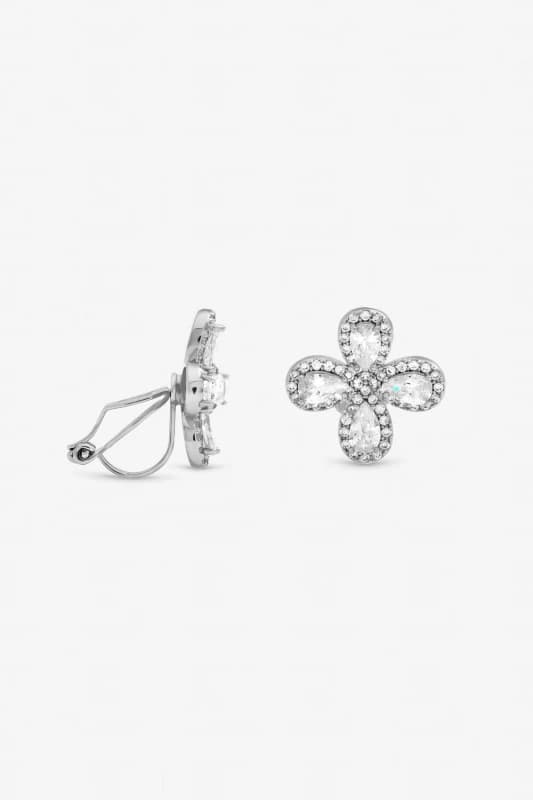 Jon Richard Womens Rhodium Plated & Crystal Floral Clip Earrings in Silver Silver Female One Size